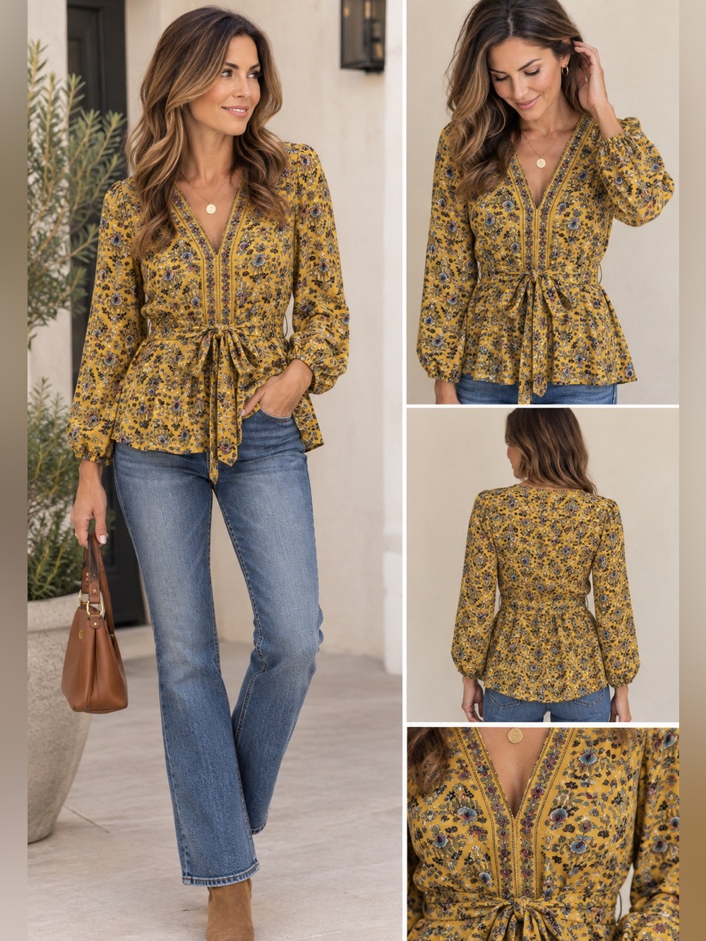 Max Studio Mustard Yellow Floral V-Neck Tie-Waist Blouse Medium Grandmacore,